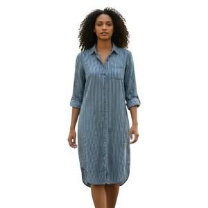Anthropologie Striped Shirt Dress Linen Blend Midi Blue & White Relaxed Fit - 4